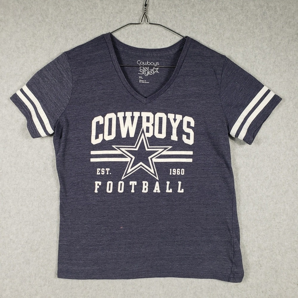Cowboys Her Style Shirt Womens XL Navy Blue Football V-Neck‎ Graphic Tee Dallas
